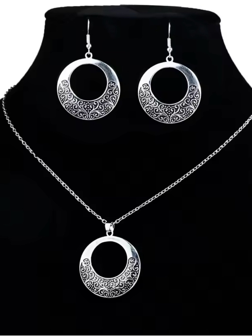 Sterling-Style Silver Filigree Circle Necklace and Earrings Set - Women